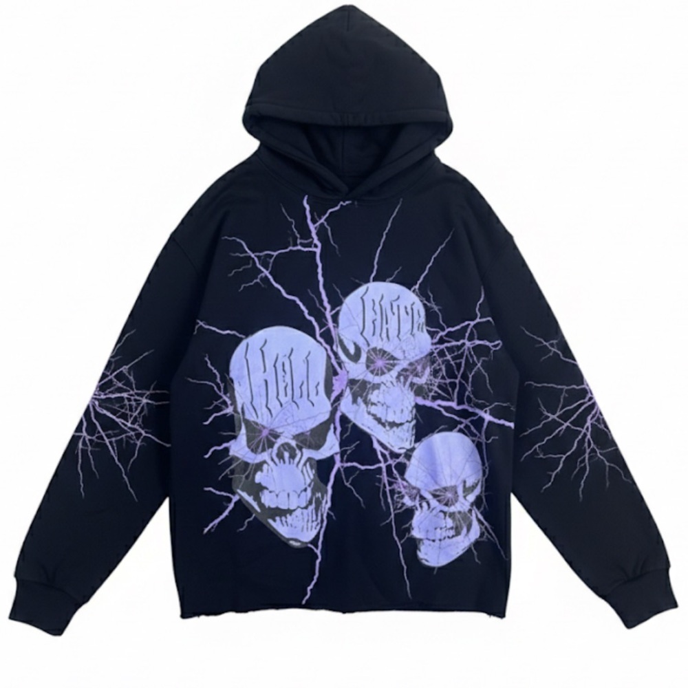 Hell Gate Black Graphic Skulls Hoodie With Raw Hem Size Large New Without Tags!